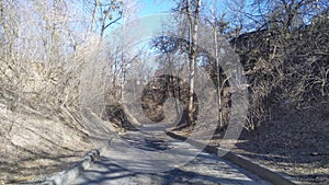 An asphalt road with potholes and curbs descends down the hill into the community. The slopes are overgrown with trees and bushes