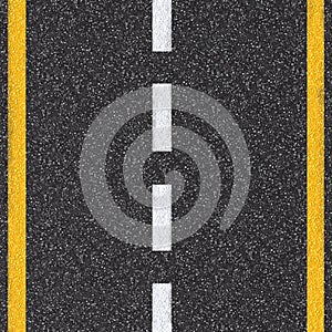 Asphalt road top view with white and yellow lines