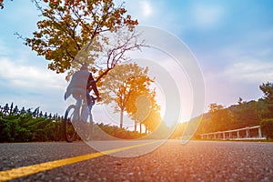 Asphalt road on which a cyclist rides. Autumn bike ride