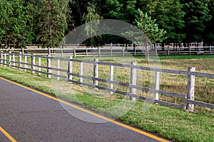 Asphalt road with yellow markings on the side of the road a wooden fence.