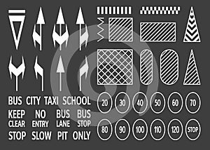 Asphalt signs. Road map toolkit top view, crosswalk traffic speedway ringroad highway roadside street icons, pathway