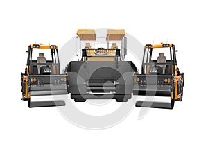 Asphalt spreader machine and two road roller getting ready for work front view 3D rendering on white background no shadow