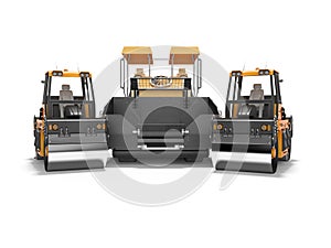 Asphalt spreader machine and two road roller getting ready for work front view 3D rendering on white background with shadow