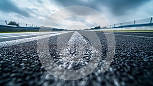 Asphalt surface of a race track, highlighting its rough texture and the central white line under a cloudy sky photo
