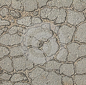 Asphalt surface of the road with a cracks in the middle, background. Web of cracks. Textured backdrop