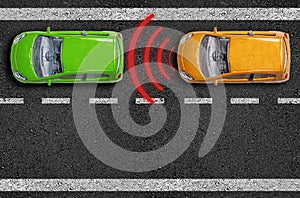 Asphalt with cars on a road with distance sensor and emergence break assistant photo