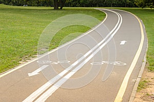 Asphalted bicycle track in the park/asphalted bicycle track in the park with a green grass