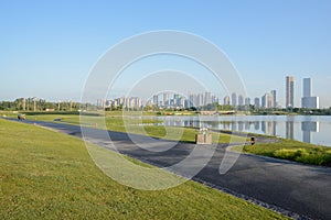 Asphalted pedestrian way on grassy lake shore in early summer morning