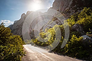 Asphalted road in the mountains, beautiful sunshine, summer vacation time