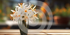 Asphodel flower and leaves on vas copy space blurred background