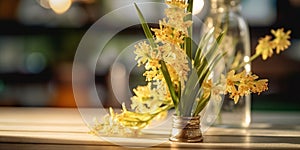 Asphodel flower and leaves on vas copy space blurred background