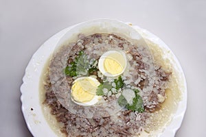 Aspic with boiled meat, eggs and fresh parsley, made with thick and rich bone broth, frozen in elegant white porcelain plate.