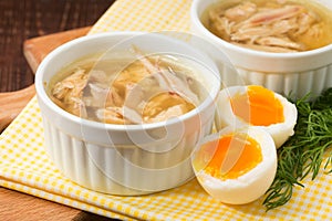 Aspic of chicken meat, beef and pork.