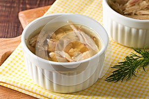Aspic of chicken meat, beef and pork.