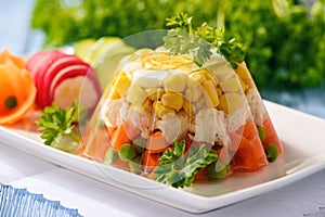 Aspic- jellied chicken with egg and vegetables. photo