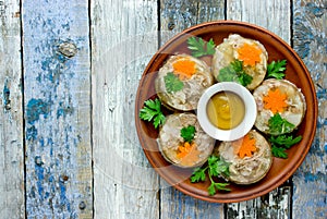 Aspic jellied meat with vegetables, traditional russian dish