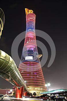 Aspire Tower aka Torch hotel in Doha, Qatar at night