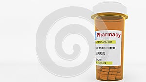 ASPIRIN generic drug pills in a prescription bottle. Conceptual 3D rendering