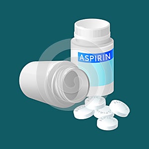 Aspirin pill bottle vector illustration. Medicine remedy in plastic container