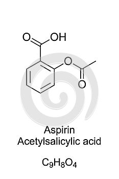 Aspirin, Acetylsalicylic acid, formula and structure photo