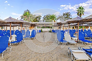 ASPROVALTA, GREECE - AVGUST 28, 2016 Beach bar Splash with lot sunbeds and sky background in Asprovalta