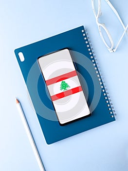 Assam, india - Augest 8, 2020 : Flag of Lebanon on phone screen.