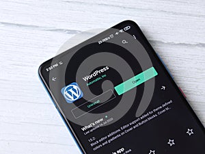 Assam, india - Augest 2, 2020 : Wordpress logo on a smartphone screen. WordPress is a open source software to host website.