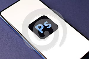 Assam, india - December 20, 2020 : Adobe Photoshop logo on phone screen stock image.
