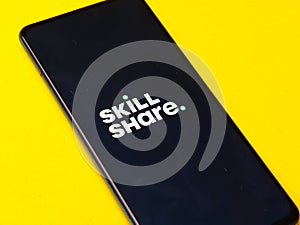 Assam, india - January 15, 2020 : Skillshare logo on phone screen stock image.