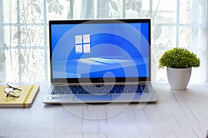 Assam, india - June 17, 2021 : Windows 11 logo on laptop screen stock image.