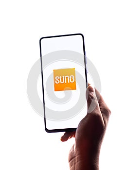 Assam, india - March 10, 2021 : Audible Suno logo on phone screen stock image.