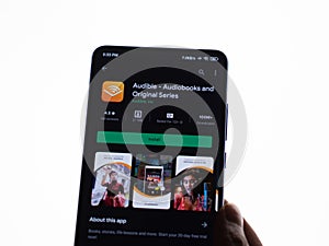 Assam, india - March 10, 2021 : Audible Suno logo on phone screen stock image.