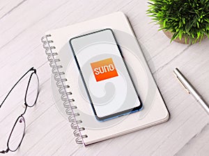 Assam, india - March 10, 2021 : Audible Suno logo on phone screen stock image.