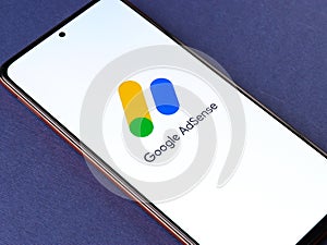 Assam, india - May 29, 2021 : Google AdSense logo on phone screen stock image.