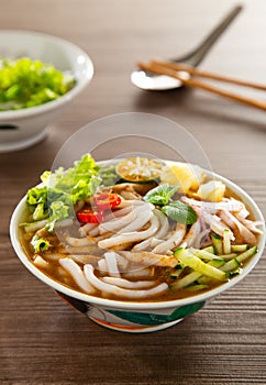 Assam Laksa Noddle in Tangy Fish Gravy is a Special Malaysian Food Popular in Penang