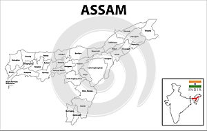 Assam map. Political and administrative map of Assam with districts name. Showing International and State boundary and district photo
