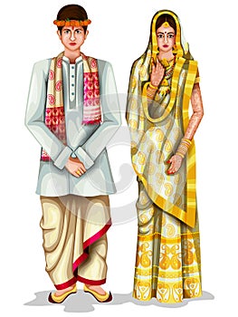 Assamese wedding couple in traditional costume of Assam, India