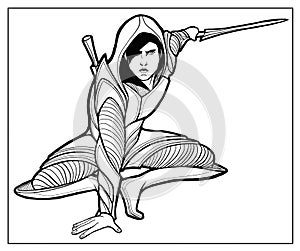 Assassin in hood, light secretive armor, with sharp blades