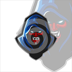 Assassin Red Devil head with blue robe Mascot Logo