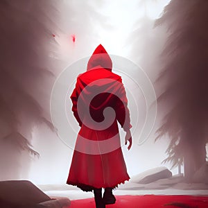 an assassin wearing a red hooded cloak crossed the red river into the forest. Ai generated