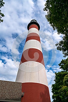 Assateague Lighthouse with blue skies above