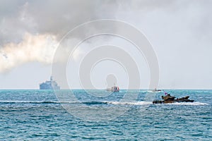 Assault amphibious vehicles of South Korea sail along the sea during Cobra Gold 2018 Multinational Military Exercise