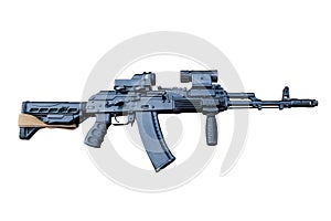 Assault rifle with collimator and optical sights isolated on a white background photo