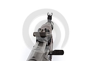 Assault rifle part with rear and front sight, selective focus