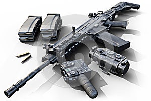 Assault rifle with tactical accessories front and rear sites , and a laser guided rifle scope and ammo clips on a white background