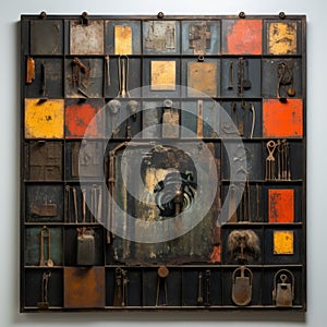 Colorful Assemblage Art Panels With Monochromatic Palettes And Unconventional Materials photo