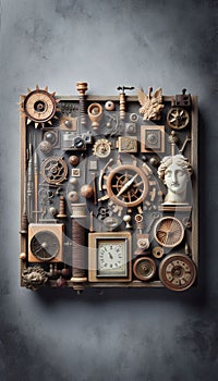 Assemblage is an artistic form and consists of three dimensional elements projecting out of or from the substrate. photo