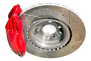 Assembled auto disc brakes red caliper with pads