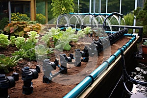 assembled diy drip irrigation system in a garden