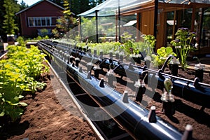 assembled diy drip irrigation system in a garden